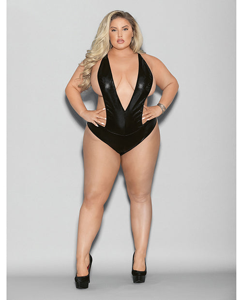 Euphoria Wet Look Deep V Teddy Black (Plus Size)