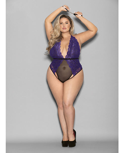 Euphoria Halter Lace & Mesh Teddy With Wrist Restraints Purple/Black (Plus Size) - Spicy and Sexy