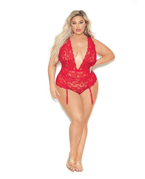 Euphoria Deep V Lace Teddiette With Open Crotch & Butt Red (Plus Size)