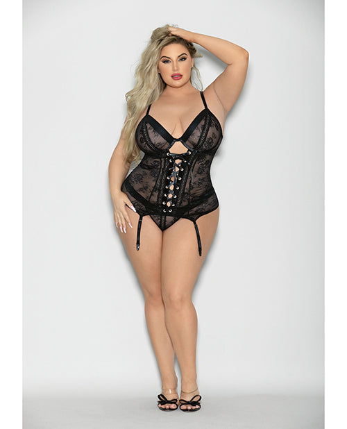 Flame Fetish Soulmate Lace Up Bustier & Wide Band Thong Black (Plus Size)