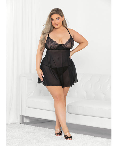 Raised Embroidery Lace Babydoll Black (Plus Size)