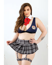 Play Learning Curves Bowtie, Top, Gartered Skirt, G-String Blue (Plus Size) - Spicy and Sexy