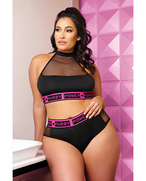 Vibes Pussy Power Micro-Net Halter Top & Booty Short Black (Plus Size) - Spicy and Sexy