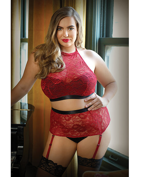 Curve Aria Lace Halter Top & High Waist Panty Red (Plus Size)