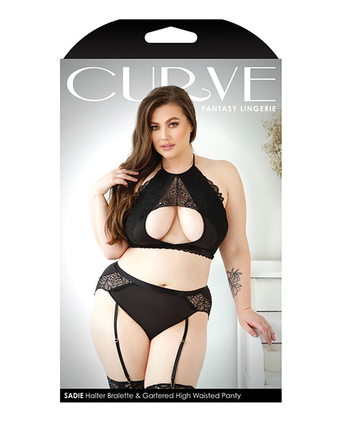 Curve Sadie Lace Overlay Keyhole Halter Top & Gartered Panty Black (Plus Size) - Spicy and Sexy
