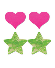 Fantasy Uv Reactive Neon Heart & Lace Star Pasties - Pink & Green O-s Pack Of 2 - Spicy and Sexy