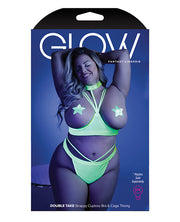 Glow Black Light Harness Open Shelf Bra & Cage Thong Neon Lemon (Plus Size) - Spicy and Sexy