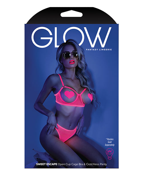 Glow Black Light Open Cup Bra & Crotchless Panties Neon Pink