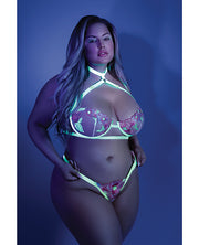 Glow Black Light Embroidered Harness Bra, Leg Garterbelt & G-String (Plus Size) - Spicy and Sexy