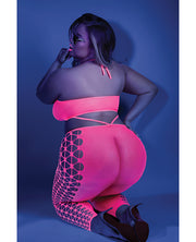 Glow Black Light Cropped Cutout Halter Bodystocking Neon Pink (Plus Size) - Spicy and Sexy