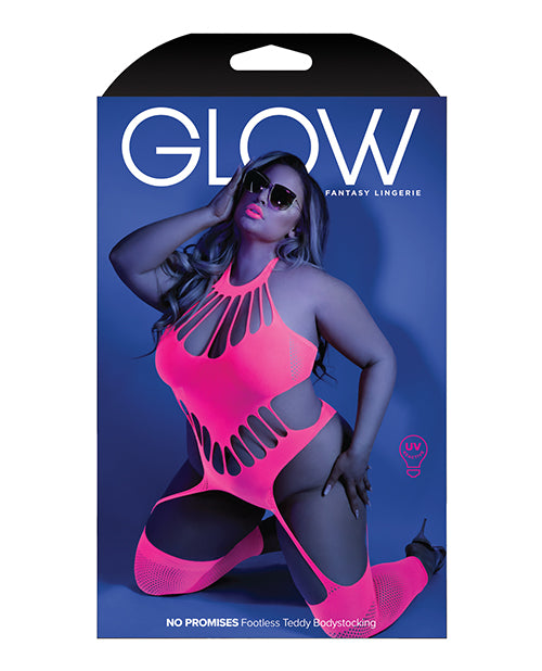 Glow Black Light Footless Teddy Bodystocking Neon Pink (Plus Size) - Spicy and Sexy