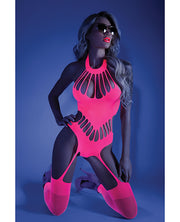 Glow Black Light Footless Teddy Bodystocking Neon Pink O-s - Spicy and Sexy