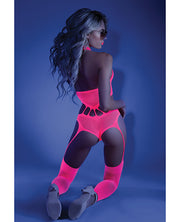 Glow Black Light Footless Teddy Bodystocking Neon Pink O-s - Spicy and Sexy