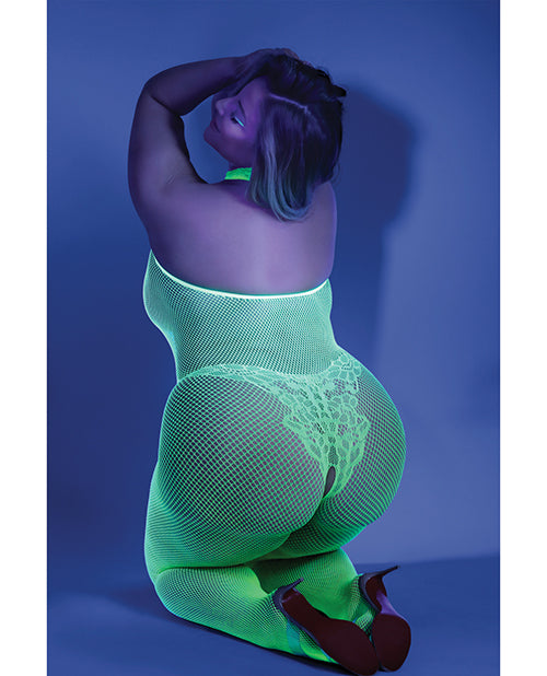 Glow Black Light Crotchless Bodystocking Neon Green (Plus Size) - Spicy and Sexy