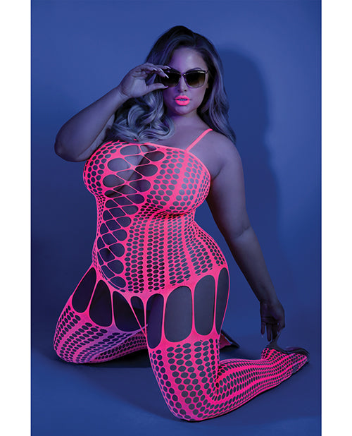 Glow Black Light Criss Cross Paneled Bodystocking Neon Pink (Plus Size) - Spicy and Sexy