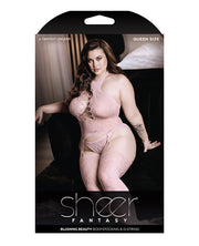 Sheer Fantasy High Neck Floral Lace Gartered Bodystocking & Panty Light Pink (Plus Size) - Spicy and Sexy