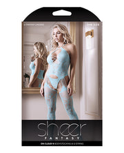 Sheer Fantasy Halter Neck Floral Lace Gartered Bodystocking & Panty Light Blue - Spicy and Sexy