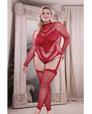 Sheer Infatuation Long Sleeve Teddy With Attached Footless Stockings Red (Plus Size)
