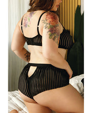 Vixen Striped Mesh Bralette & Shorties Black (Plus Size) - Spicy and Sexy