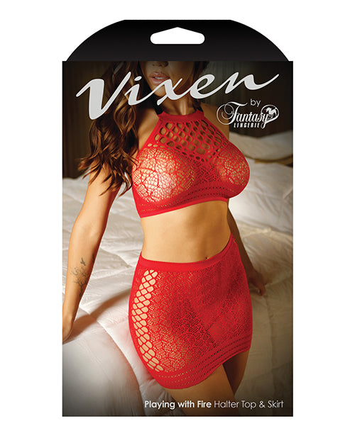Vixen High Neck Halter Net Top & Tie Back Skirt Red - Spicy and Sexy