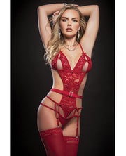Strappy Garter Teddy With Keyhole Cups & Stockings - Spicy and Sexy