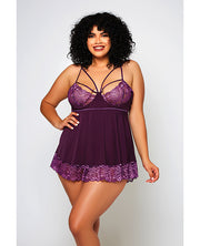 Cross Dye Lace & Microfiber Babydoll & G-String Purple (Plus Size) - Spicy and Sexy