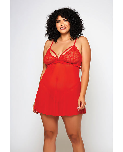 Galloon Lace & Fine Mesh Babydoll & G-String Red (Plus Size) - Spicy and Sexy