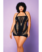 Heart Of Chaos Seamless Chemise With Halter Strap & Vertical V Cut Outs Black (Plus Size) - Spicy and Sexy