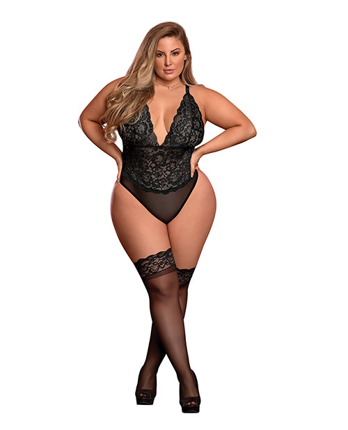 Risque Business Lace & Mesh Teddy With Snap Crotch Black (Plus Size) - Spicy and Sexy