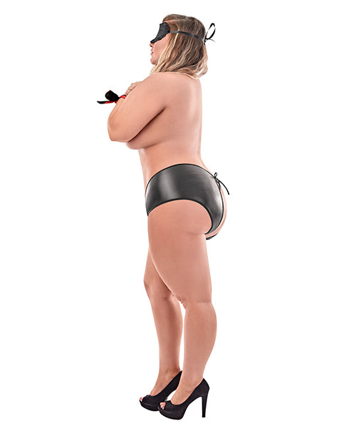 Love & Bondage Split Back Liquid Onyx Booth Short, Blindfold & Wrist Ties Black (Plus Size) - Spicy and Sexy
