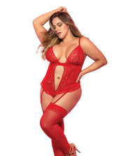 Lace & Mesh Teddy With Hook & Eye Crotch Closure With Attached Garter Straps Red (Plus Size) - Spicy and Sexy