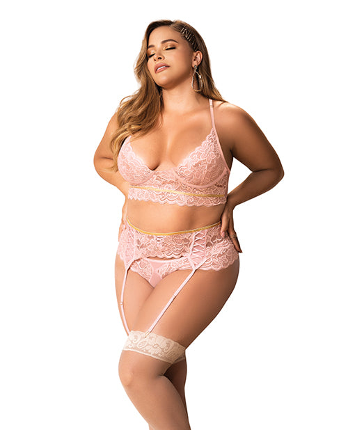 Lace Underwire Bra, Thong & Garterbelt With Lace Up Detail Rose (Plus Size) - Spicy and Sexy