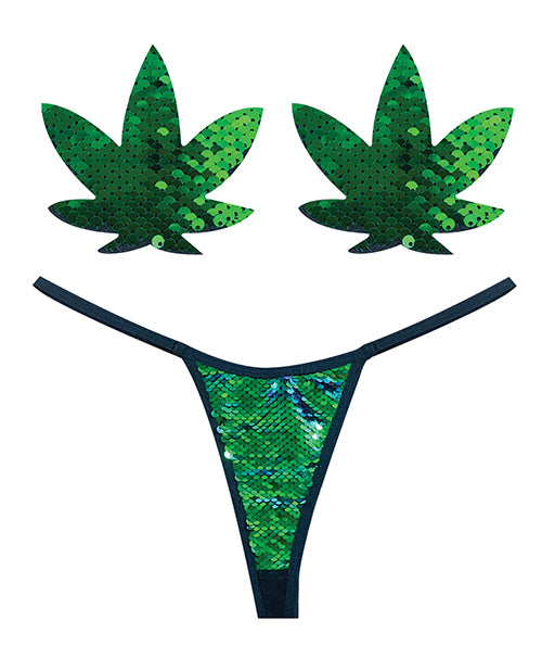 Neva Nude Naughty Knix Weed Leaf Sequin G-string & Pasties - Green O-s - Spicy and Sexy