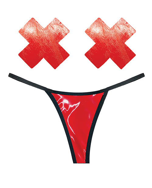 Neva Nude Naughty Knix Vixen Wet Vinyl G-string & Pasties - Red O-s - Spicy and Sexy