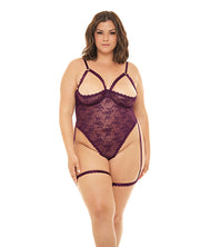 Elayne Open Shelf Cup Teddy With Garter Stays Patent Purple (Plus Size) - Spicy and Sexy