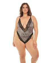 Jolene Satin Teddy With Plunging Neckline Leopard/Black (Plus Size) - Spicy and Sexy