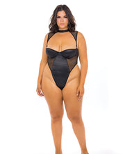 Josephine High Leg Teddy With Removable Fishnet Collared Harness (Plus Size) - Spicy and Sexy