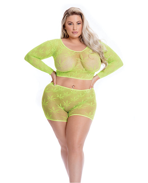 Pink Lipstick Leaf It To Me Long Sleeve Crop Top & Short (Plus Size) - Spicy and Sexy