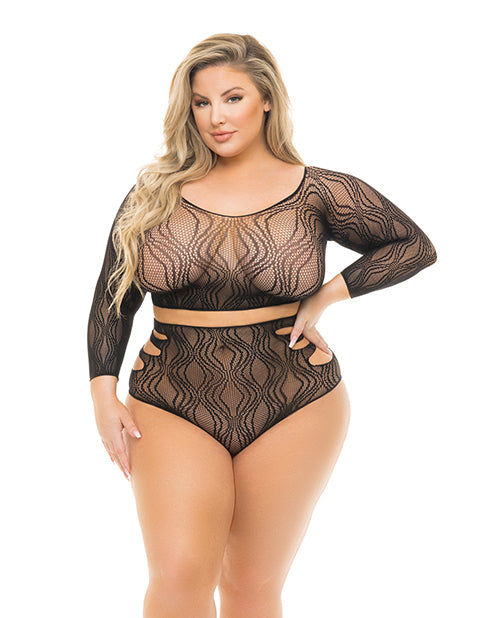 Pink Lipstick Back Me Up Top & High Waist Panty Black (Plus Size) - Spicy and Sexy