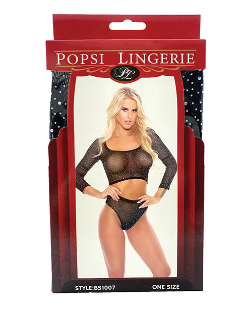 Rhinestone Crop Top With High Waist Panty Black - Spicy and Sexy