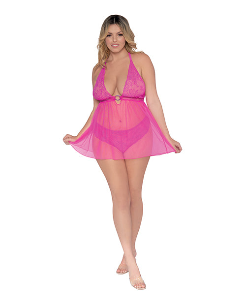 Simply Sexy Scalloped Stretch Lace & Mesh Halter T-Back Babydoll Paradise Pink (Plus Size) - Spicy and Sexy