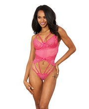 Stretch Lace W/underwire Cups & Strap Thong Detail Teddy Hot Pink - Spicy and Sexy