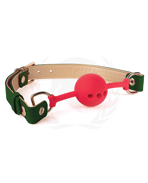 Spartacus Silicone Ball Gag W-green Gold Pu Straps - 46 Mm - Spicy and Sexy