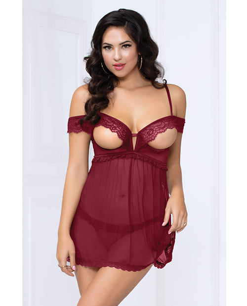 Lace and Mesh Open Cups Babydoll With Fly Away Back & Panty Set - Spicy and Sexy