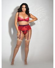 Eyelash Lace Underwire Bra, Garter Skirt & G-String Red (Plus Size)