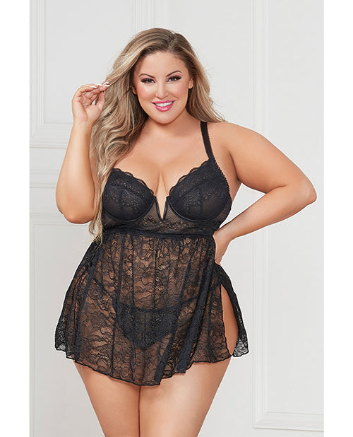 Stretch Lace Babydoll With Underwire Cups & G-String Black (Plus Size)
