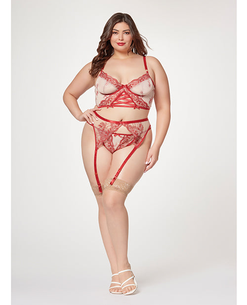 Sheer Stretch Mesh With Floral Contrast Embroidery Bustier, Garter Belt & Thong Red/Nude (Plus Size)