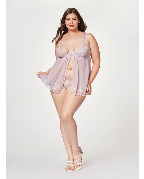 Sheer Mesh & Lace Demi Cup Babydoll & Thong Lavender (Plus Size)