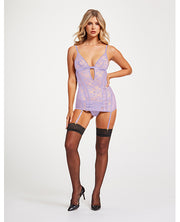 Lace & Mesh Triangle Cup Chemise With Garters & Thong