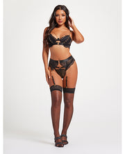 Scalloped Lace Bra With Gold Chain, Garter Belt & Thong Black